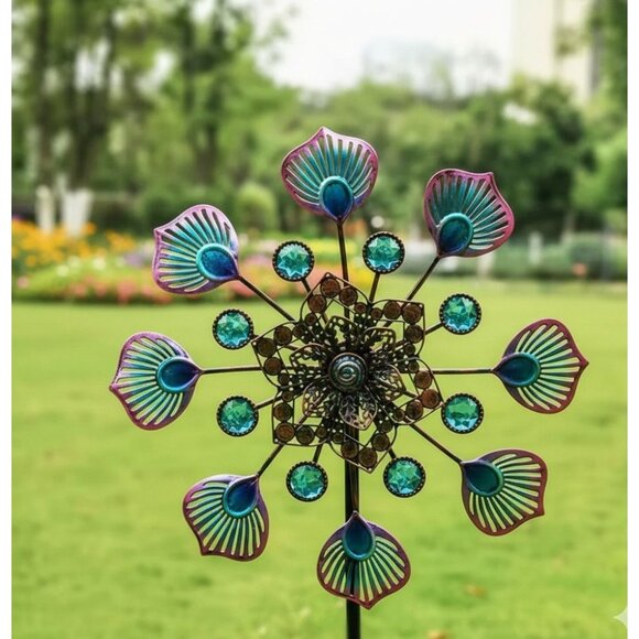 Wind Chime Spinner Blue Pinwheel Rotating Metal Home Garden Yard Art - Picture 1 of 11